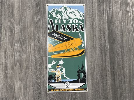 PORCELAIN FLY TO ALASKA - ALASKAN AIRWAYS SIGN - 18”x8”