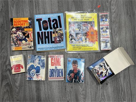 LOT OF NHL CARDS & VINTAGE BOOKS / GUIDES