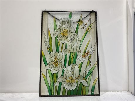 FLORAL STAIN GLASS HANGING PANEL - 18”x12”