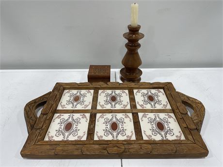 CHIP CARVED WOOD SERVING TRAY W/TILES, BRASS INLAY BOX, HAND TURNED CANDLEHOLDER