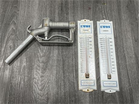 2 VINTAGE EWOS CANADA THERMOMETERS W/USA GAS NOZZLE