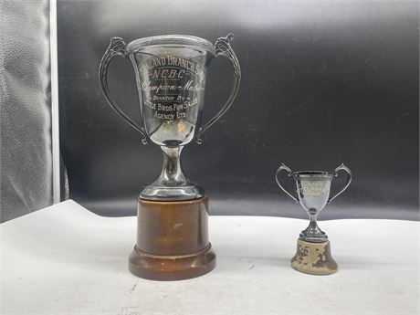 PAIR OF OLD SILVER PLATE TROPHIES (LARGEST 12”)