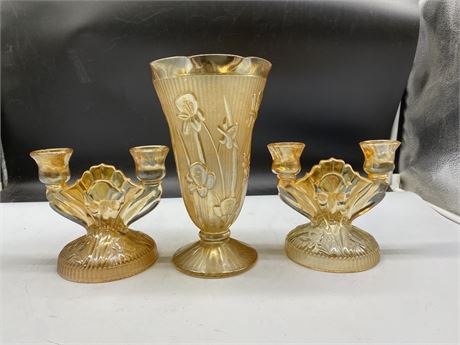 2 CARNIVAL GLASS CANDLE HOLDERS + VASE (9”)