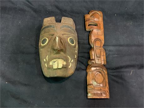 VERY EARLY CARVED HAIDA MASK & CARVED FIRST NATIONS PIECE