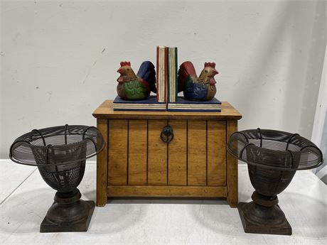 WOODEN DECOR (14.5”X9”) & CAST IRON CANDLE HOLDERS