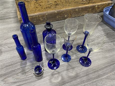 LOT OF BLUE GLASS & WINE GLASSES