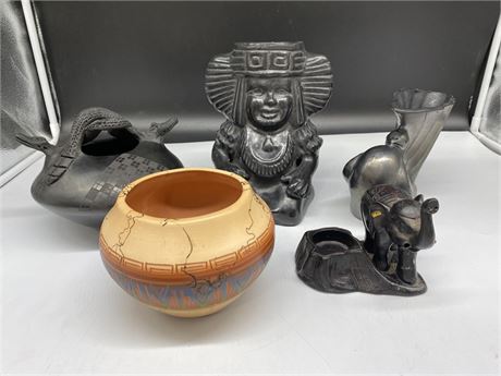 MEXICAN VASES, SNAKE BOWL, ELEPHANT CANDLE HOLDER (Some signed)