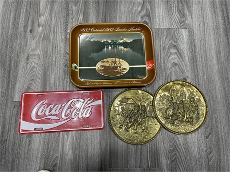 COKE TRAY AND LICENSE PLATE / PAIR OF 8” BRASS EMBOSSED DUTCH PLATES