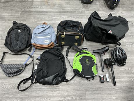 LARGE LOT OF BACKPACKS, BAGS & BIKE ACCESSORIES