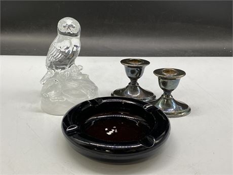 VINTAGE ASHTRAY & CRYSTAL OWL (6”) W/PLATED CANDLE HOLDERS