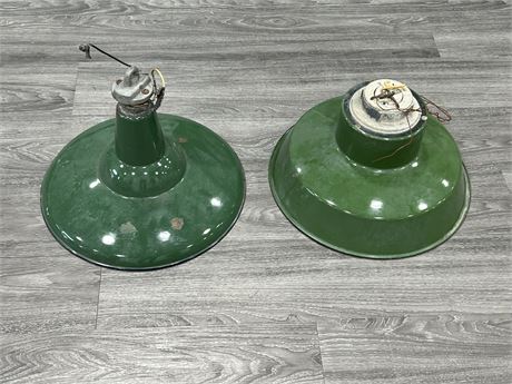 2 VINTAGE ENAMEL PORCELAIN LAMP SHADES (15” wide)