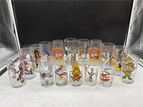 16 VINTAGE DISNEY CHARACTER GLASSES (7” TALL)