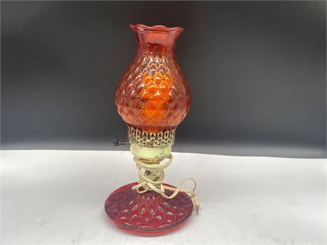 VINTAGE RED GLASS LAMP - 12” TALL