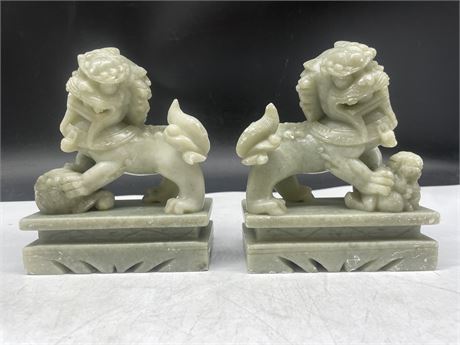 2 CARVED SOAPSTONE CHINESE LIONS