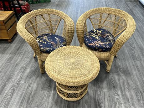 VINTAGE RATTAN & BAMBOO 2 CHAIR / TABLE SET (Table is 24” wide, 19” tall)