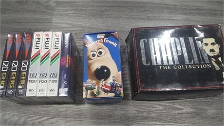 VHS COLLECTION CHAPLIN SET, WALLACE & GROMIT, 7 NEW BLANK TAPES