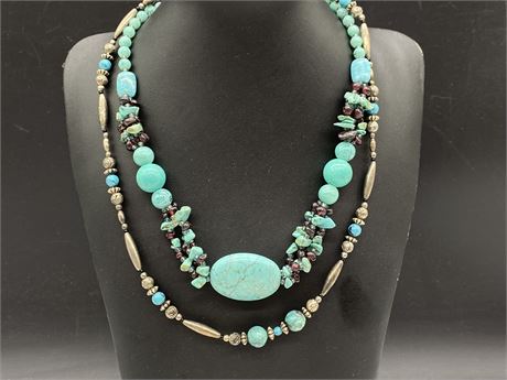 ANTIQUE TURQUOISE GARNET & SILVER BEADED NECKLACES