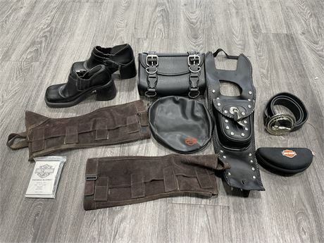 LOT OF MOSTLY HARLY LEATHER ACCESSORIES INCL: BELT, SHOES, CAP, BAG, ETC