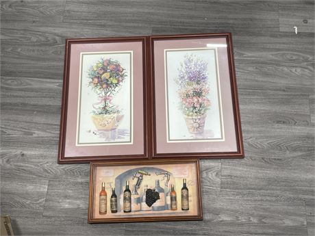 2 SIGNED FRAMED FLOWER PRINTS + WINE SHADOW BOX (LARGEST 18”x28”)