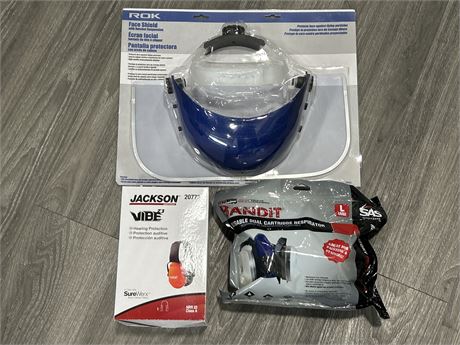 SAFTEY EQUIPMENT LOT - FACE SHIELD, EAR PROTECTION & RESPIRATOR