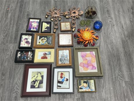 HOME DECOR LOT - WIND CHIMES, PICTURE FRAMES, COLORED GLASS CANDLE HOLDERS & ECT