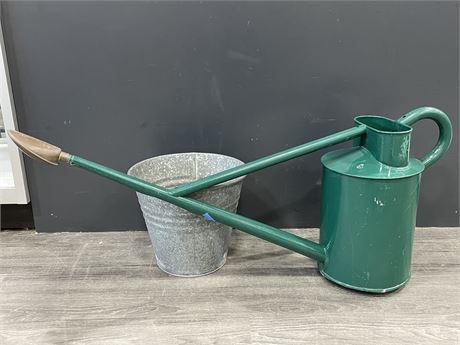 LARGE ANTIQUE WATERING CAN W/PERFORATED SPOUT (34.5”X14”) & GALVANIZED BUCKET
