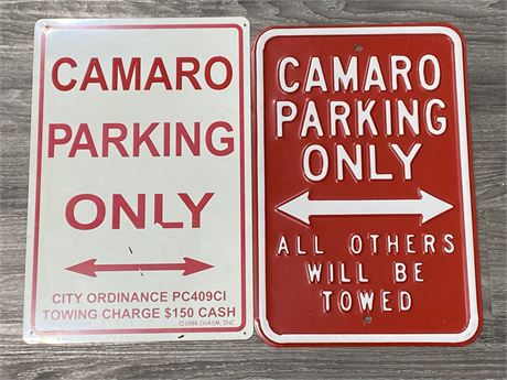 2 LARGE METAL CAMARO PARKING SIGNS (12”X18”)