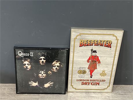 FRAMED QUEEN RECORD + MIRRORED BEEF EATER ADVERT
