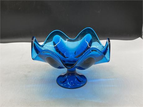 MID CENTURY BLUE ART GLASS DECOR DISH - 6” TALL