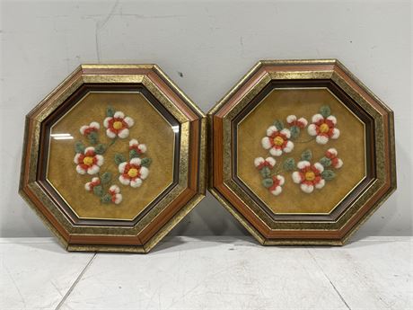 PAIR OF 3D OCTAGON FRAMES HAND STITCHED CARIBOU HAIR FLOWERS 11”