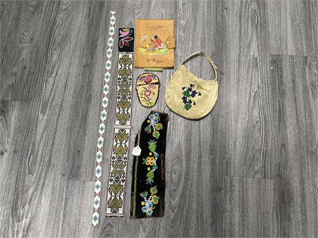 6 VINTAGE FIRST NATIONS, MOSTLY BEAD WORK ITEMS - SMALL BAG, WRITING CASE & ECT