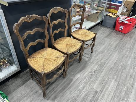 3 VINTAGE WELL MADE STRAW BOTTOM CHAIRS