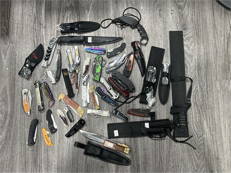 APPRX 40 ASSORTED FOLDING KNIVES, THROWING KNIVES, STRAIGHT RAZORS & ECT