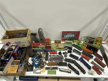 LARGE VINTAGE TRAIN SET W/CARTS, STRUCTURES & BOXES OF TRACKS