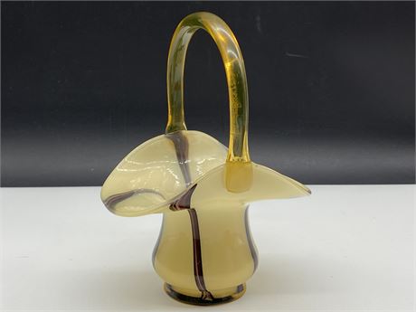 VINTAGE CZECH ART GLASS BASKET - MARKED (8”X6”)