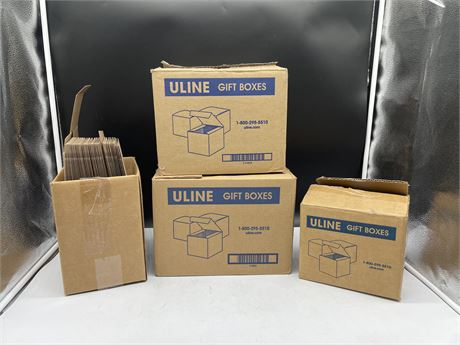 LOT OF ULINE FOLDABLE GIFT BOXES (specs in photo)