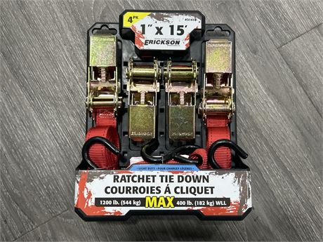 NEW 4 PACK OF ERICKSON 1” X 15” RATCHET TIE DOWNS