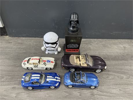 LOT OF 4 DIECAST CARS & 2 STARWARS PIECES