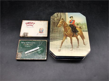 PRINCESS ELIZABETH TIN CONTAINER BEFORE SHE WAS QUEEN + 2 VINTAGE CIGARETTE BOX