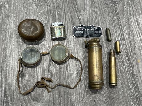 ANTIQUE WORKING LIGHTER, ANTIQUE GLASS GOGGLES, BRASS FIRE EXTINGUISHER, BULLET