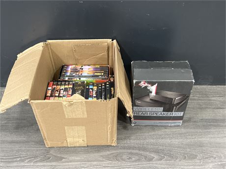 SMALL BOX OF DVDS & WIRELESS SPEAKER KIT