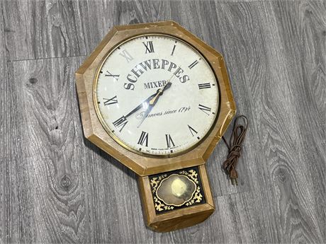 VINTAGE SCHWEPPES WALL CLOCK - UNTESTED (20” long)