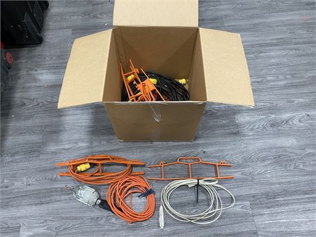 BOX OF EXTENSION CORDS AND HOLDERS