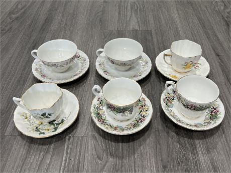 6 CUPS & SAUCERS - ROYAL STANDARD / WINDSOR / SOCIETY / ETC