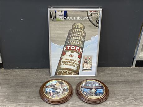 2 FRAMED WOODWARDS COLLECTOR PLATES + ITALIAN VERMOUTH ADVERTISING MIRROR