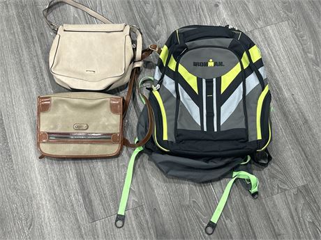 LOT OF 3 BAGS - 2 WOMENS PURSES & IRONMAN BACKPACK