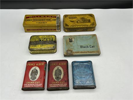 7 ANTIQUE TOBACCO TINS - LARGEST IS 6.5”x3”x2”