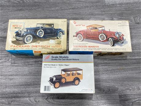 3 METAL MODEL CARS - PACKARD CONV., ROADSTER, 1929 MODEL A