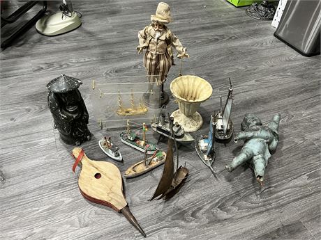 LOT OF MISC COLLECTABLES - SHIP MODELS, CAST IRON PLANTER, ETC
