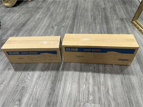2 BOXES OF ULINE SHOE BOXES - SPECS IN PHOTOS - 50 TOTAL